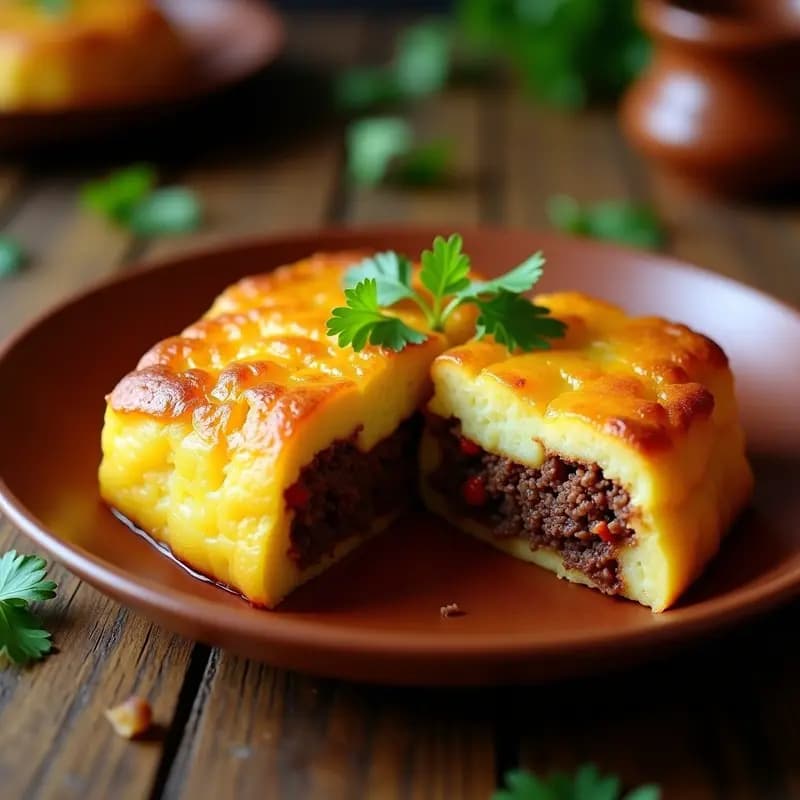 Pastel de yuca y carne secada venezolano dorado y crujiente en sartén de hierro fundido, con capas visibles de yuca rallada y carne desmenuzada, decorado con hojas de cilantro fresco.