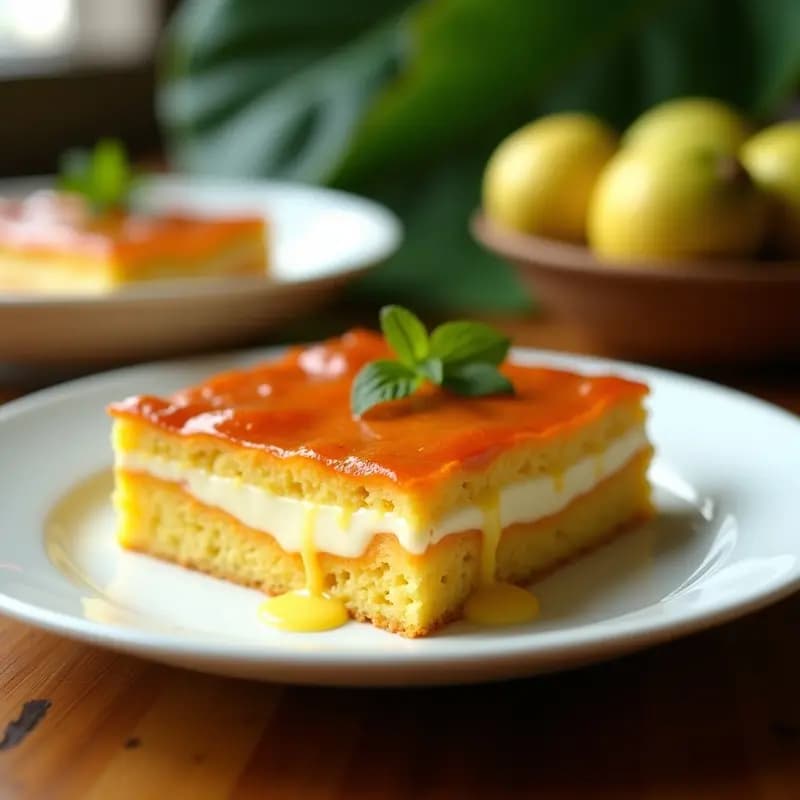 Pastel de yuca dorado con capas visibles de queso derretido y mermelada de guayaba, servido en porción triangular sobre plato blanco con hojas de menta.