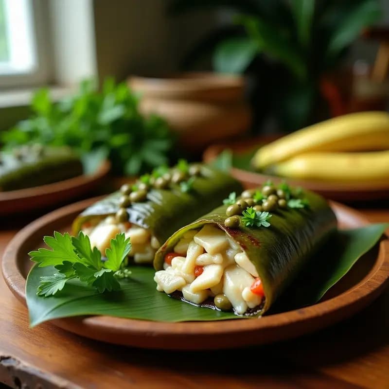 Pastele de yautía y bacalao envuelto en hoja de plátano, receta puertorriqueña tradicional al vapor, servido en plato de madera rústico.