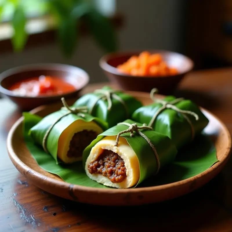 Pastele de yautía y carne molida dominicano envuelto en hojas de plátano, cocido al vapor, con textura cremosa y relleno jugoso, servido en plato rústico de barro.