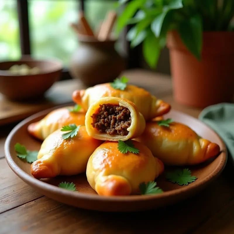Pastelitos dorados y crujientes de masa de yautía rellenos de carne y papa, servidos en un plato de madera rústico con hojas de culantro fresco como decoración.