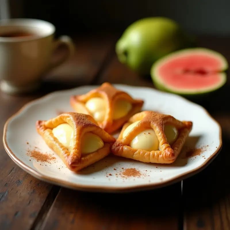 Pastelitos cubanos de guayaba y queso crema sin horno, con masa dorada de yuca al vapor, rellenos cremosos y decorados con pulpa de guayaba brillante sobre un plato de cerámica blanca.