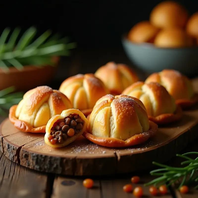 Pastelitos de carne de res y pasas con hojaldre casero dorados y apetitosos, dispuestos en una bandeja de madera rústica con hojas de laurel. Receta cubana tradicional crujiente y jugosa.