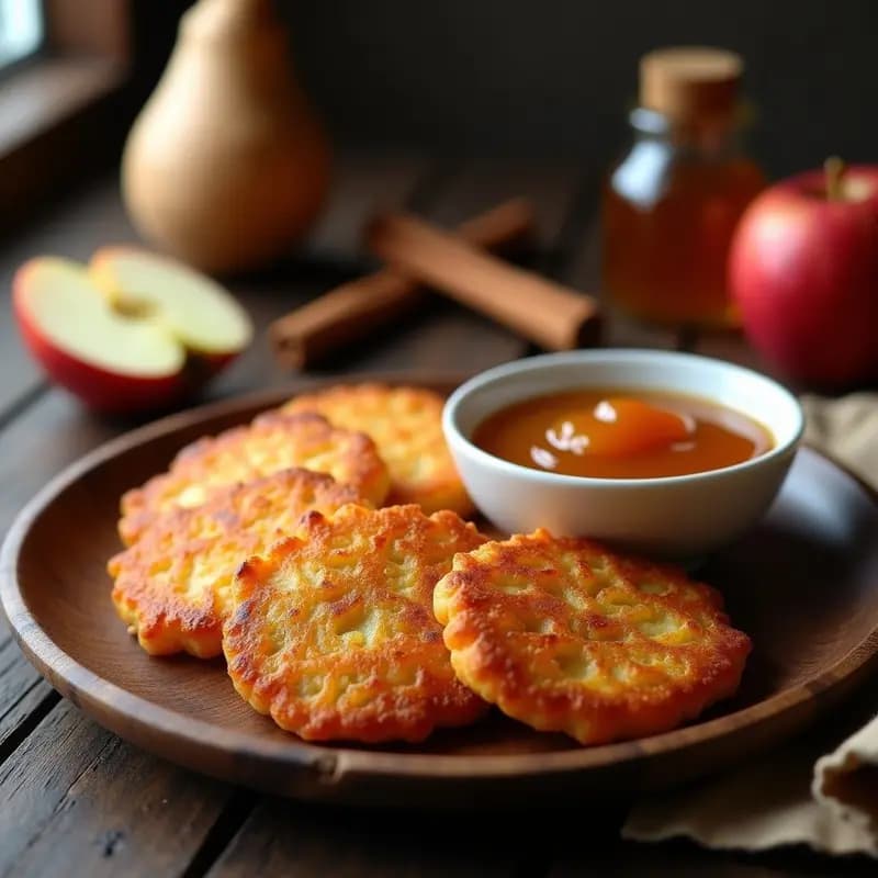 Plato rústico de latkes doradas y crujientes de pasternak con salsa espesa de manzana y canela, servidas sobre papel de horno. Incluye un fondo de especias y hierbas frescas para resaltar el ambiente invernal.