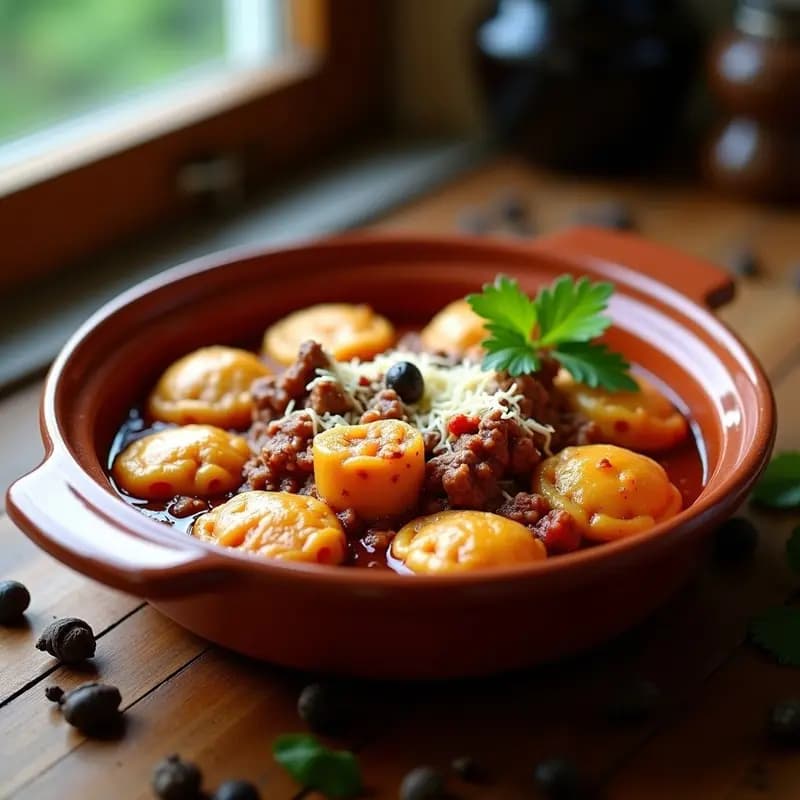 Pasticada croata de pasta rellena de carne y especias en olla lenta, servida en fuente de barro con capas de pasta cannelloni, salsa de vino tinto y queso Pecorino gratinado.