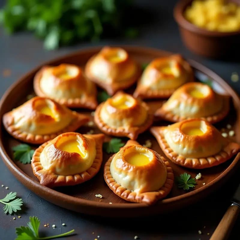 Pastiés argentinos de carne y queso Tybo horneados, dorados y crujientes, dispuestos en una bandeja de madera con hierbas frescas. Receta tradicional argentina con masa fina y relleno jugoso.