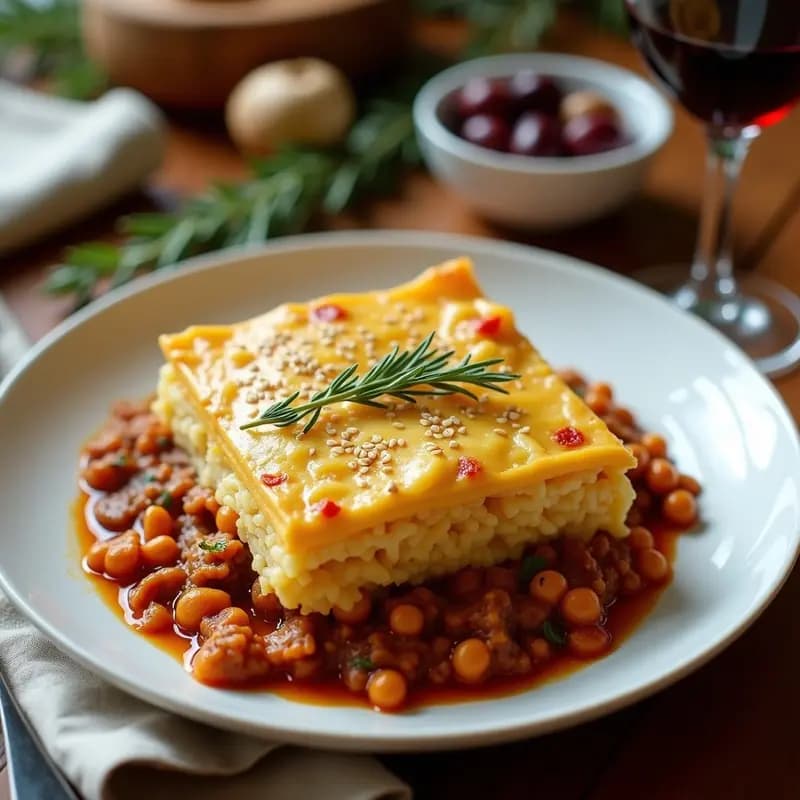 Pastitsio griego en fuente de horno rectangular con capas visibles de pasta sin gluten, salsa de carne de cordero especiada y bechamel dorada de leche de coco, decorado con queso feta desmenuzado y hojas de albahaca fresca.
