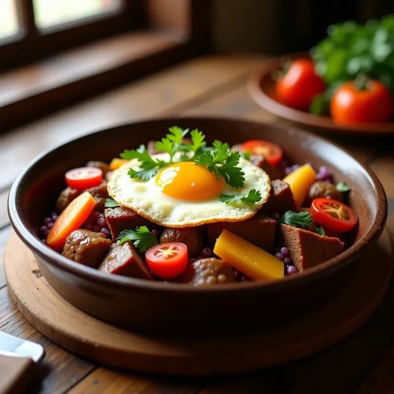 Bandeja de horno con pasto al horno colombiano, mostrando trozos de carne de res jugosa, rodajas de papa pastusa, zanahoria y cebolla morada, cubiertos por una capa dorada de huevo cuajado. Acompañado de hierbas frescas y tomate de árbol. Receta tradicional colombiana.