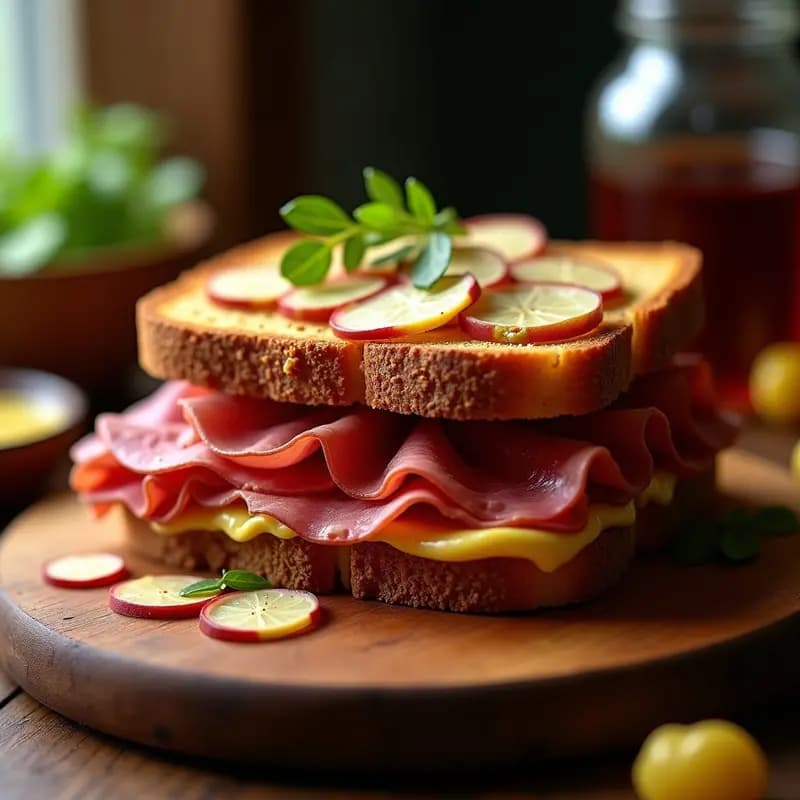 Sándwich gourmet de pastrami de res con especias ahumadas, servido en pan de centeno tostado con mostaza negra y pepinillos, sobre tabla de madera rústica.