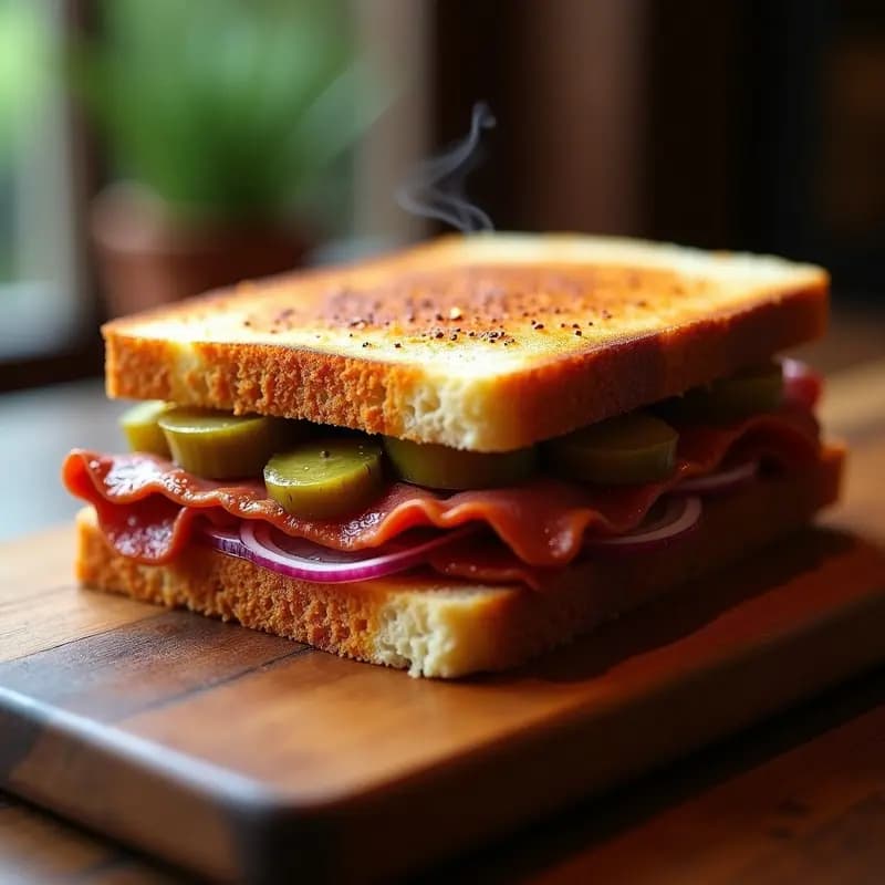 Sándwich abierto de pastrami de tofu ahumado con pan de centeno tostado, mostaza de Dijon, pepinillos y cebolla morada en juliana. Plato vegano de inspiración judía con tofu dorado y especiado, servido sobre una tabla de madera rústica.