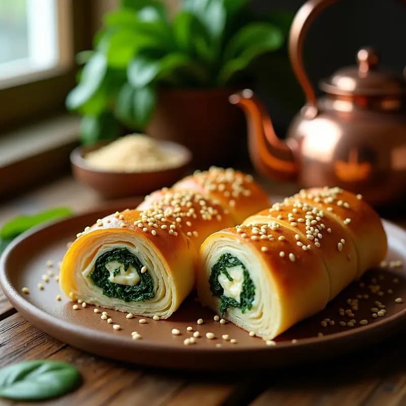 Pastry de queso feta y espinacas con hojaldre de yufka dorados y crujientes, espolvoreados con semillas de sésamo, servidos en una bandeja de madera con hierbas frescas al lado. Receta turca tradicional en 30 minutos.