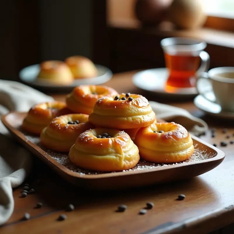 Paszki Polaco de semillas de amapola sin gluten, muffins dorados con textura esponjosa y espolvoreados de azúcar glass, servidos en cápsula de papel sobre mesa de madera rústica.