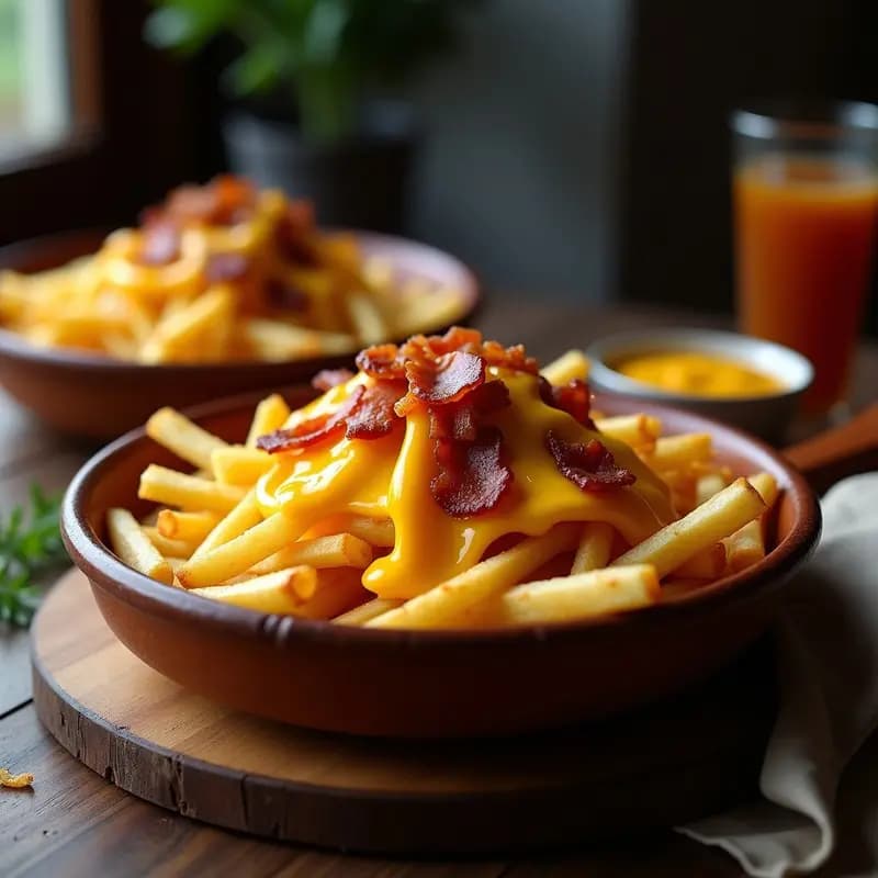 Fuente de barro humeante con patatas fritas doradas y crujientes cubiertas de queso cheddar derretido en hebras y trozos de bacon crujiente. Cebolla cocinada y salsa barbacoa al lado. Receta de loading food de patatas con queso cheddar y bacon.