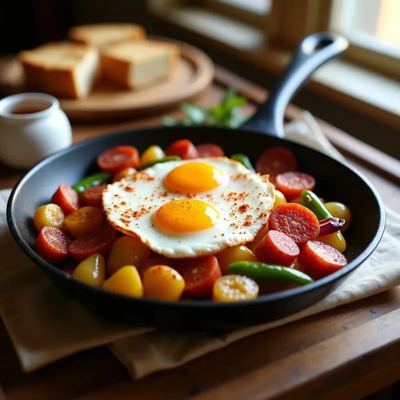 Sartén antiadherente con patatas a lo pobre doradas, chorizo en rodajas, huevos fritos encima y un toque de pimentón espolvoreado. Plato tradicional andaluz humeante y apetitoso.