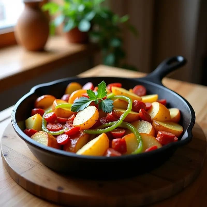 Sartén de hierro con patatas a lo pobre doradas, rodajas de chorizo ibérico y tiras de pimiento verde, decoradas con perejil fresco. Plato tradicional andaluz lleno de color y textura.