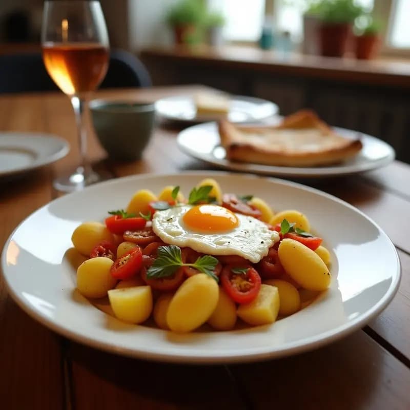 Sartén antiadherente con patatas a lo pobre canarias, pimientos verdes, cebolla, huevos fritos con yema líquida y un toque de pimentón, servido sobre un mantel rústico.