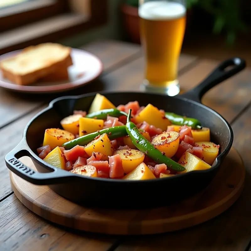 Sartén de hierro con patatas a lo pobre doradas, pimientos verdes en tiras y taquitos de jamón serrano, tapa sevillana tradicional humeante sobre mesa rústica.