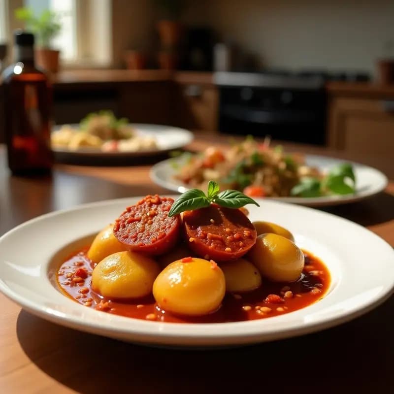 Plato hondo de barro con patatas a lo pobre doradas, trozos de chorizo y morcilla canaria, bañadas en mojo picón rojo. Fondos de cebolla y pimiento sofrito. Estilo rústico canario.