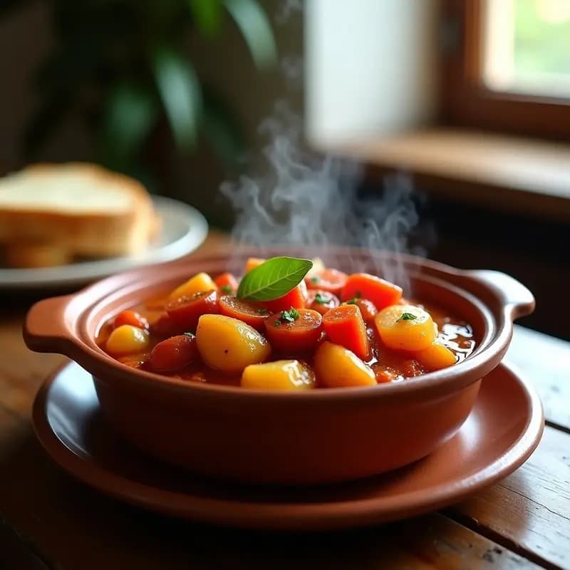 Cazuela de barro humeante con patatas a la riojana con chorizo, trozos de patata dorada y rodajas de chorizo en un caldo espeso y rojizo, decorado con una hoja de laurel. Plato tradicional español de cuchara.