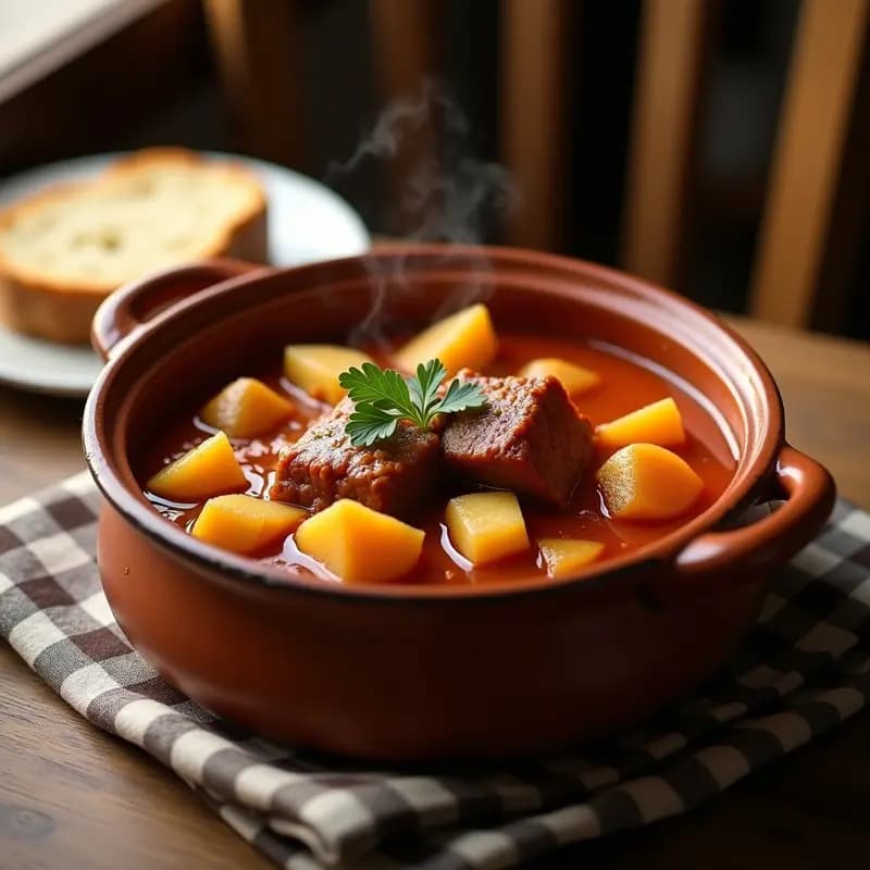 Cazuela de barro humeante con patatas a la riojana y costilla de cerdo, bañadas en salsa espesa de color rojizo, acompañada de trozos de cebolla y pimiento. Plato tradicional de montaña español, contundente y reconfortante.