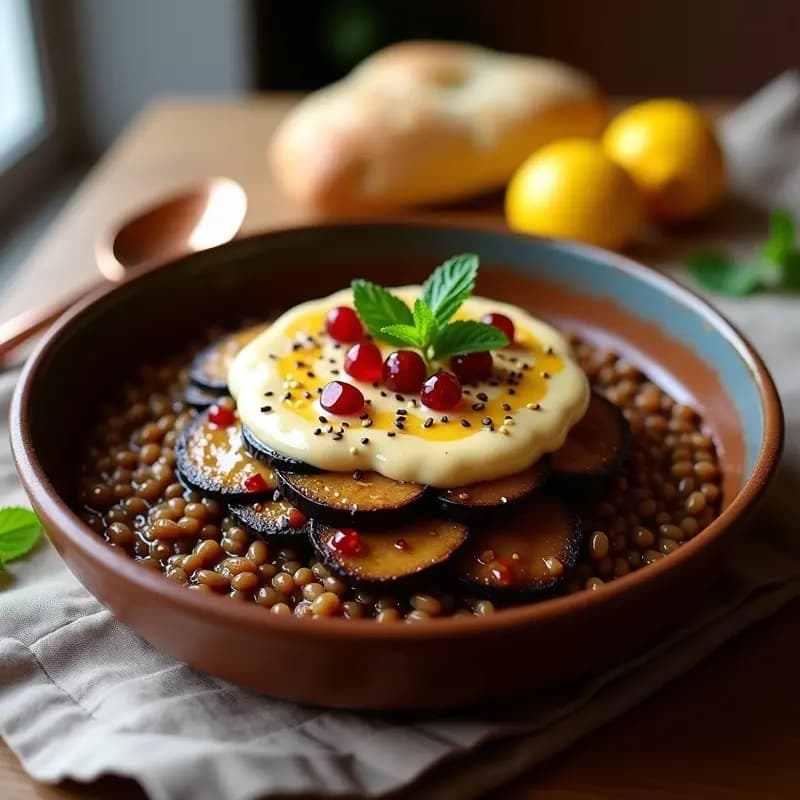 Plato tradicional judío de Patchke para Rosh Hashaná con capas de berenjena asada dorada, lentejas estofadas especiadas y salsa cremosa de tahini con limón confitado, decorado con semillas de sésamo y miel de dátiles.