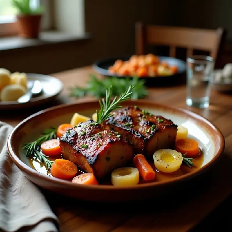 Bandeja de horno rústica con pauchas de cordero doradas y jugosas, acompañadas de cebolla y zanahoria asadas, hierbas frescas y un chorrito de aceite de oliva. Receta tradicional española de pauchas de cordero al horno con hierbas.