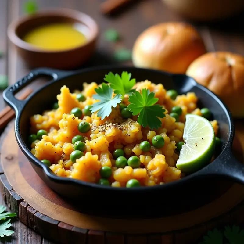Sartén de hierro fundido con Pav Bhaji low-carb de coliflor y guisantes, puré espeso y dorado con especias indias, decorado con cilantro fresco y rodajas de limón, acompañado de pan de coliflor tostado sobre mesa rústica de madera.