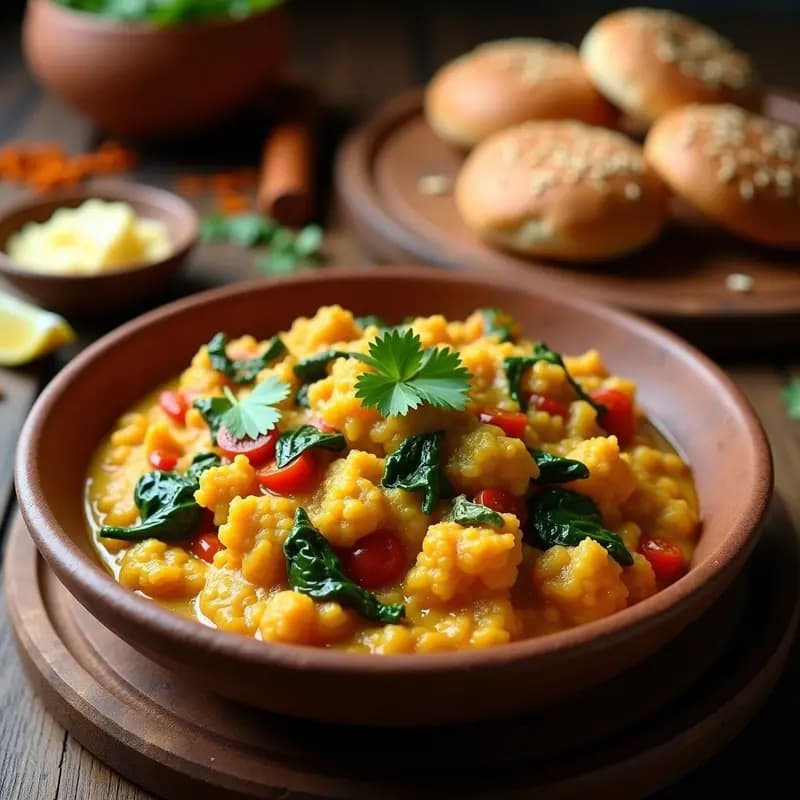 Plato de Pav Bhaji Indio con puré de coliflor cremoso, servido en un bol de barro con panecillos integrales tostados con semillas de sésamo. Decorado con cilantro fresco y rodajas de limón, en un fondo rústico con especias indias esparcidas.