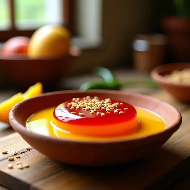 Pavad de mango y chile servido en cuenco de barro, con capas visibles de puré de mango, gelée de chile y semillas de sésamo tostado, postre indio tradicional sin horno.