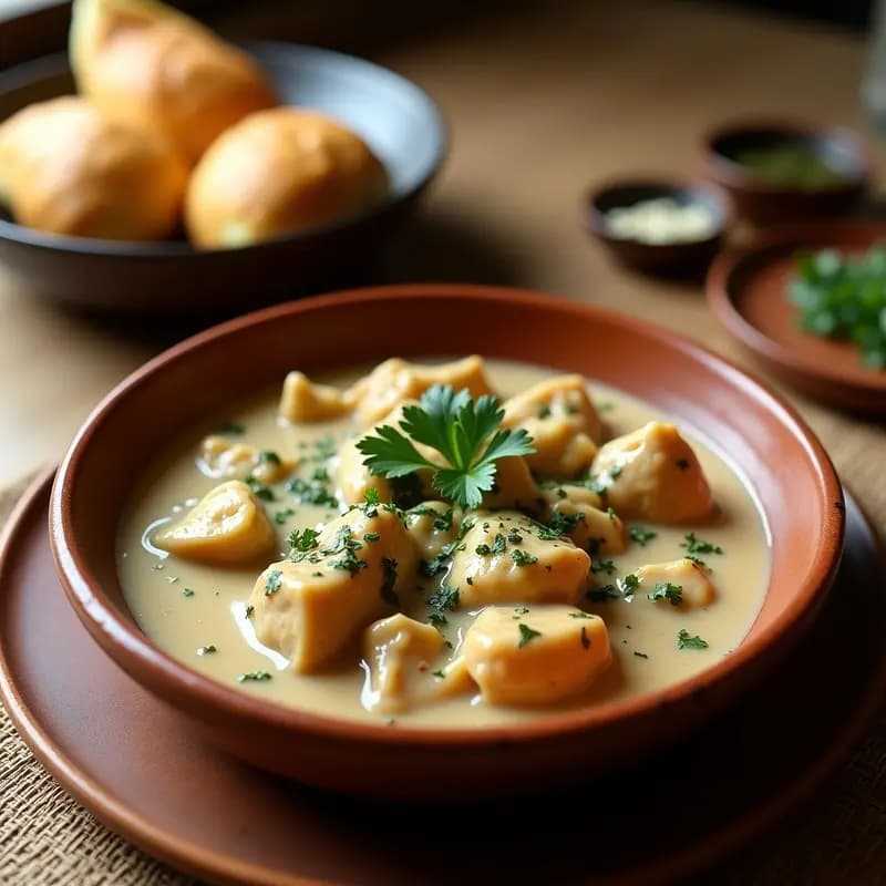 Plato hondo de barro con P'avaria Georgiano de pollo y nueces, salsa cremosa de color beige con trozos de pollo dorado, espolvoreado con cilantro fresco y acompañado de pan shoti. Receta tradicional georgiana en olla exprés.