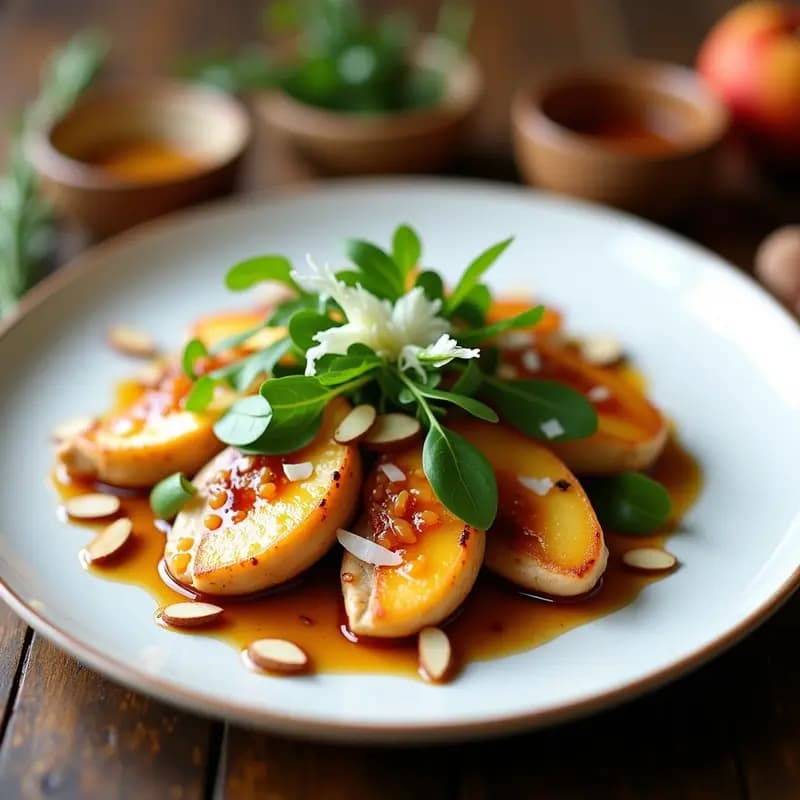 Plato blanco elegante con paventina de pollo y duraznos: medallones de pollo dorados con gajos de durazno caramelizados, almendras fileteadas tostadas y rúcula fresca, bañados en vinagreta de miel y espolvoreados con queso pecorino rallado.