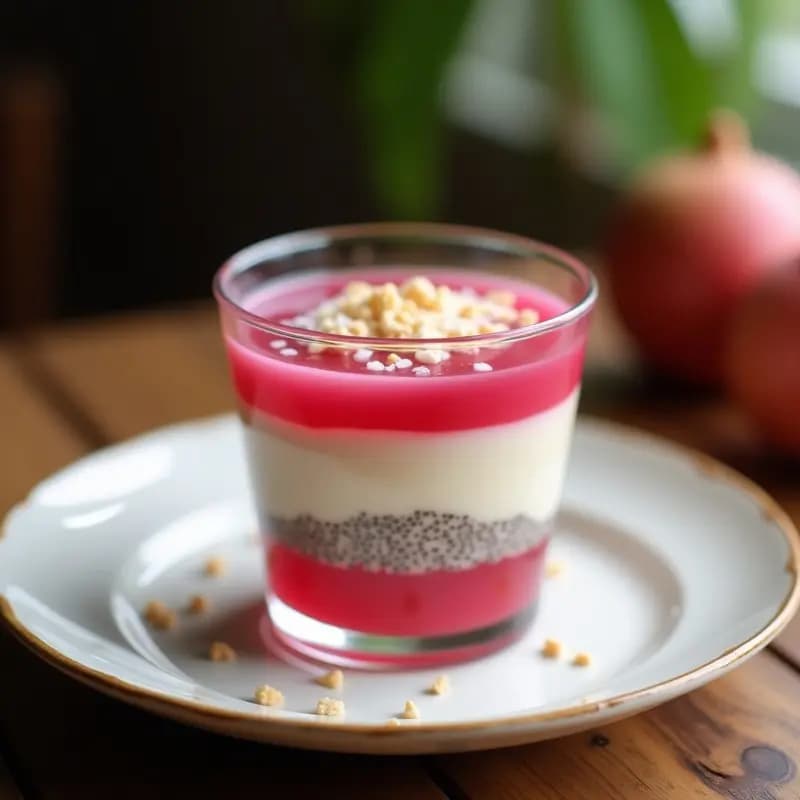Pavin de guayaba y queso crema de anacardo en copa de cristal, con capas visibles de guayaba gelificada y crema de anacardo, decorado con semillas de chía y coco rallado, postre colombiano sin lactosa.