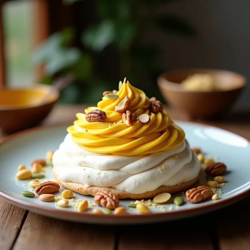 Pavlova australiana dorada con base de merengue crujiente, cubierta de crema de coco amarilla por la cúrcuma y decorada con almendras, nueces, pistachos y semillas de calabaza tostadas. Postre sin azúcar y sin lactosa sobre fondo rústico de madera.