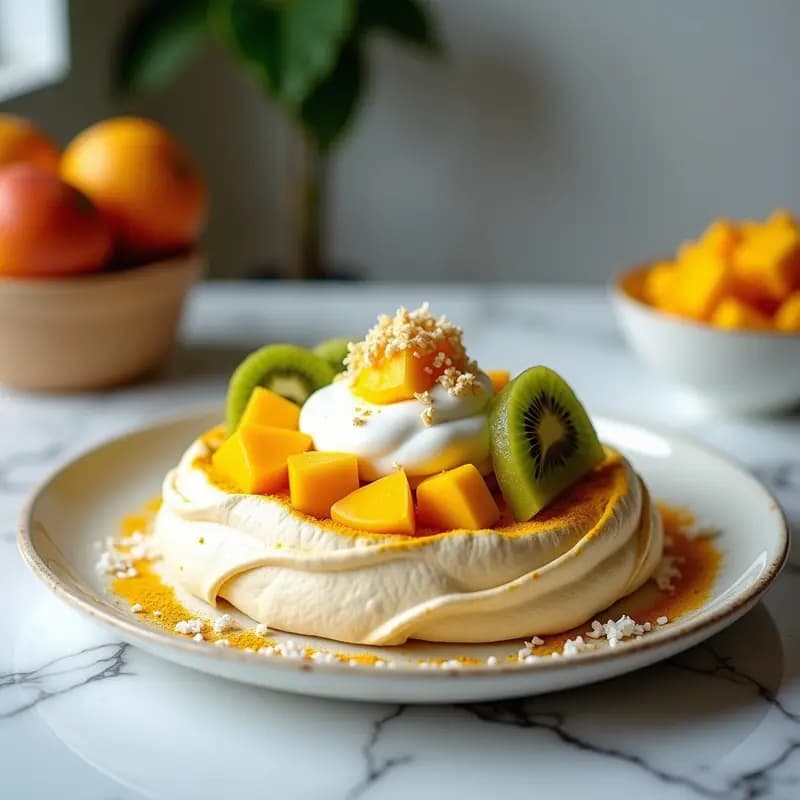 Pavlova Australiana de merengue dorado con stevia y cúrcuma, decorada con mango, piña, papaya, coco rallado y almendras fileteadas sobre fondo blanco rústico.