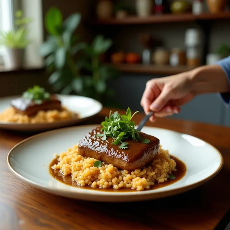 Plato de pavo al mole poblano con arroz salvaje, receta mexicana tradicional sin gluten. Pechuga de pavo en rodajas bañadas en salsa mole oscura y espesa, acompañada de arroz salvaje negro y decorada con almandras fileteadas y semillas de sésamo.