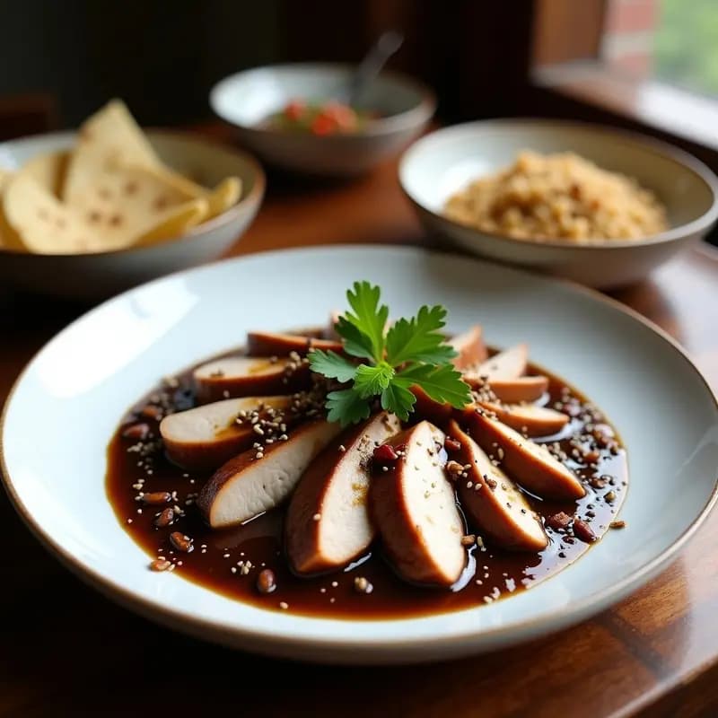 Plato de porcelana blanca con medallones de pavo bañados en mole poblano oscuro y brillante, decorado con semillas de sésamo y cilantro fresco, acompañado de arroz salvaje y tortillas de maíz azul. Receta gourmet mexicana para ocasiones especiales.