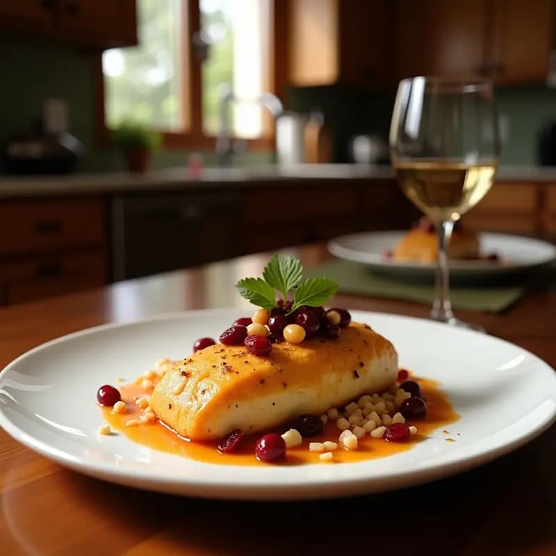 Pavo dorado relleno de arroz salvaje y cranberries, servido en bandeja de madera con hierbas frescas y rodajas de manzana, receta tradicional de Acción de Gracias.