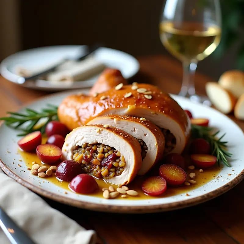 Pavo dorado y crujiente relleno de frutos secos y ciruelas al estilo portugués, servido en bandeja de madera con rodajas de naranja asada y hierbas frescas. Plato festivo tradicional.