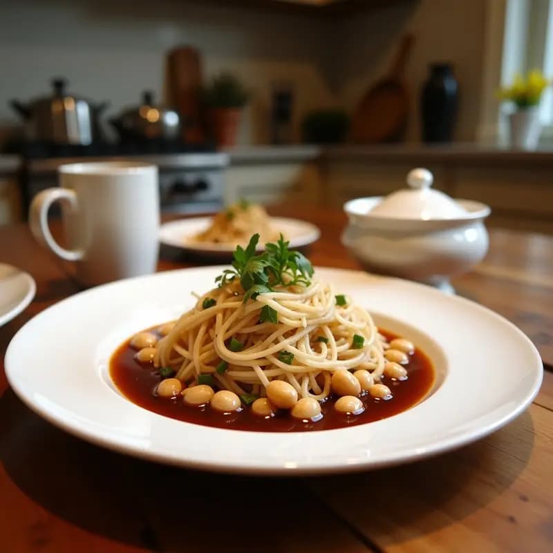 Plato de madera rústico con trozos irregulares de Panut Buttracrunch tailandés, snack dorado de maní y coco rallado, espolvoreado con semillas de sésamo negro. Fondo borroso con hojas de limón kaffir y pimienta de Sichuan.