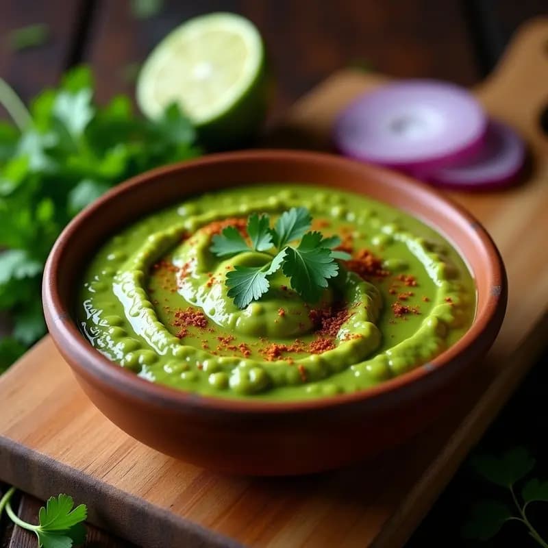 Tazón de barro rústico con pebre de aguacate y cilantro, salsa chilena vegana y sin gluten, de color verde vibrante con trocitos de cebolla morada. Acompañado de rodajas de limón y hojas de cilantro fresco sobre una mesa de madera.