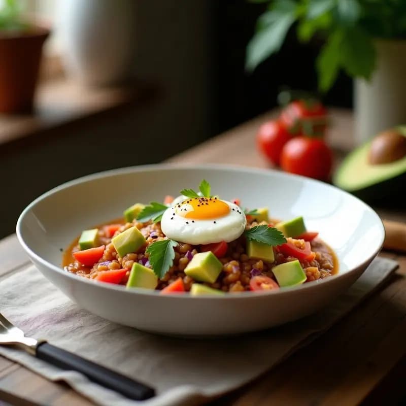 Plato hondo de cerámica blanca con pebre de aguacate y tomate de color verde vibrante y rojo, coronado por un huevo pochado con yema líquida amarilla. Acompañado de semillas de sésamo y hojas de cilantro fresco. Desayuno proteico chileno.