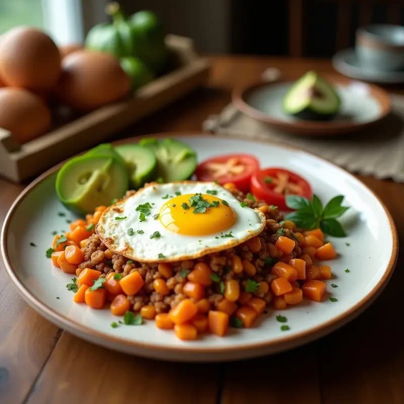 Plato de desayuno con tostada integral sin gluten cubierta de aguacate cremoso, huevo pochè con yema líquida y pebre chileno colorido con tomate, cebolla morada y cilantro. Decorado con merquén ahumado y servido en un plato rústico de barro.