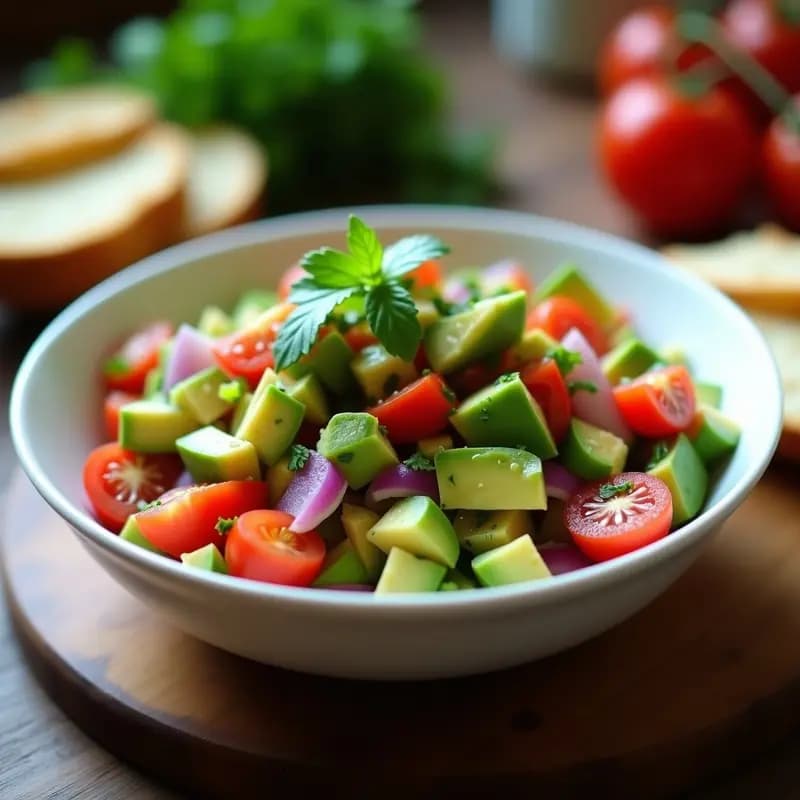 Bol de cerámica rústico lleno de pebre chileno vegano con trozos de aguacate verde, tomate rojo picado, cebolla morada y pimiento de piquín, decorado con semillas de sésamo y cilantro fresco.