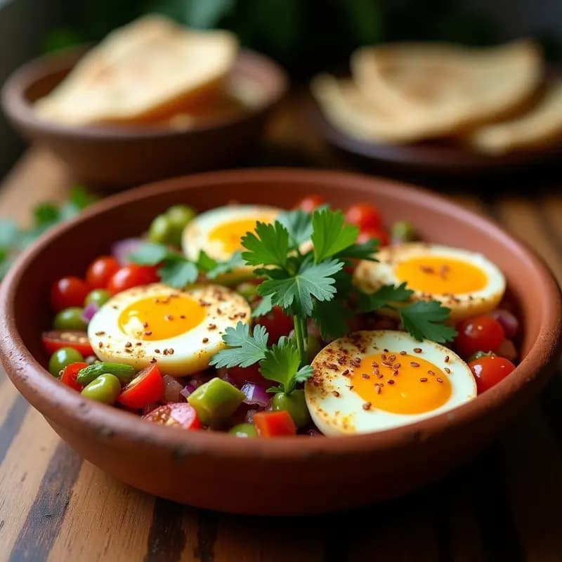 Plato rústico de madera con tostadas integrales cubiertas de pebre chileno verde fresco, palta cremosa y huevos de codorniz pochados con yema líquida, decorado con semillas de sésamo y cilantro. Entrante fresco y alto en proteína.