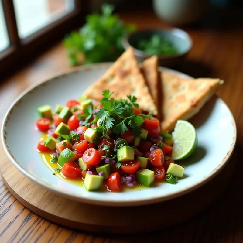 Plato blanco con triángulos de pan de pita integral tostado cubiertos de pebre chileno fresco: tomate, palta, cilantro y cebolla morada, con semillas de sésamo y rodaja de limón al lado.