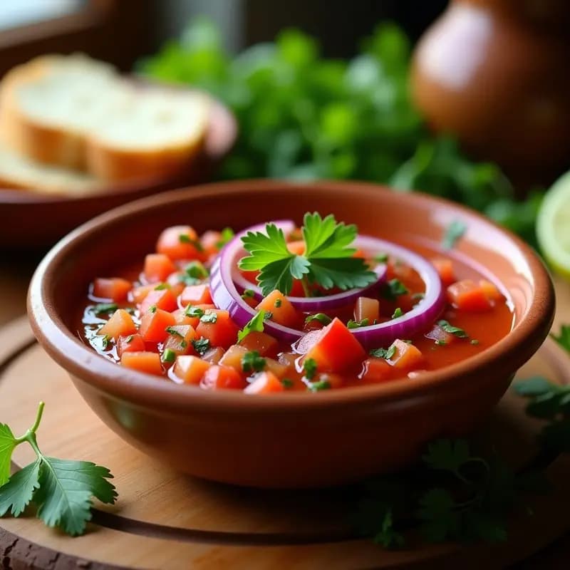 Bol de madera rústico con pebre chileno fresco, una salsa picante de tomate rojo, cebolla morada, cilantro y ají verde, servida junto a rodajas de pan tostado y trozos de carne asada, con gotas de aceite de oliva brillando bajo la luz.