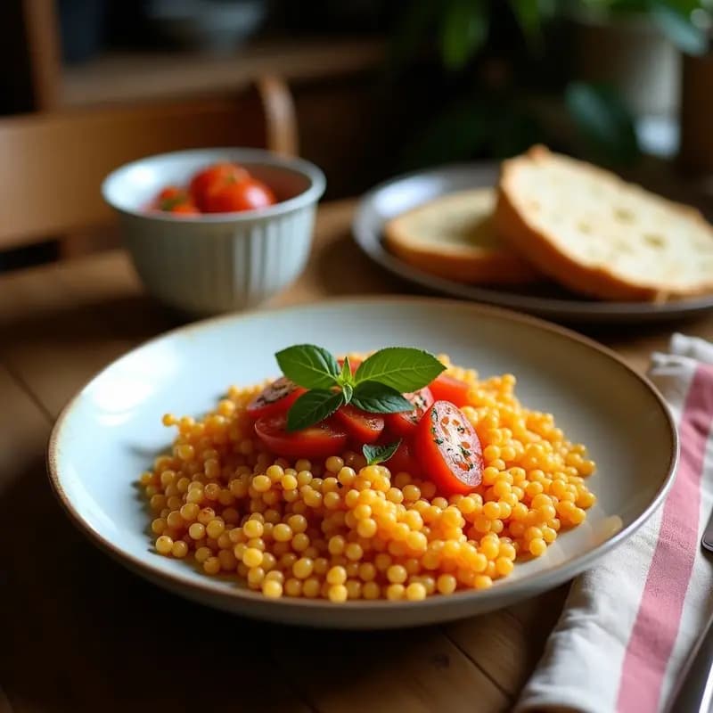Plato rústico de cerámica con pebre de palta y tomate vegano, de color verde cremoso con trocitos de tomate y cebolla morada, espolvoreado con crujientes dorados de quinoa y semillas de sésamo, acompañado de rebanadas de pan integral.