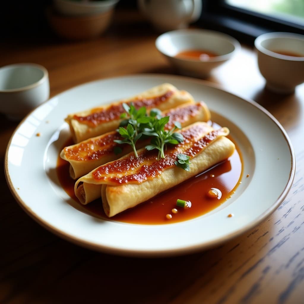Plato elegante con crepes dorados de leche de coco rellenos de pechuga de pato al estilo Pekín, bañados en salsa hoisin oscura y acompañados de cebolla morada y pimiento rojo salteados. Espolvoreado con semillas de sésamo tostadas.