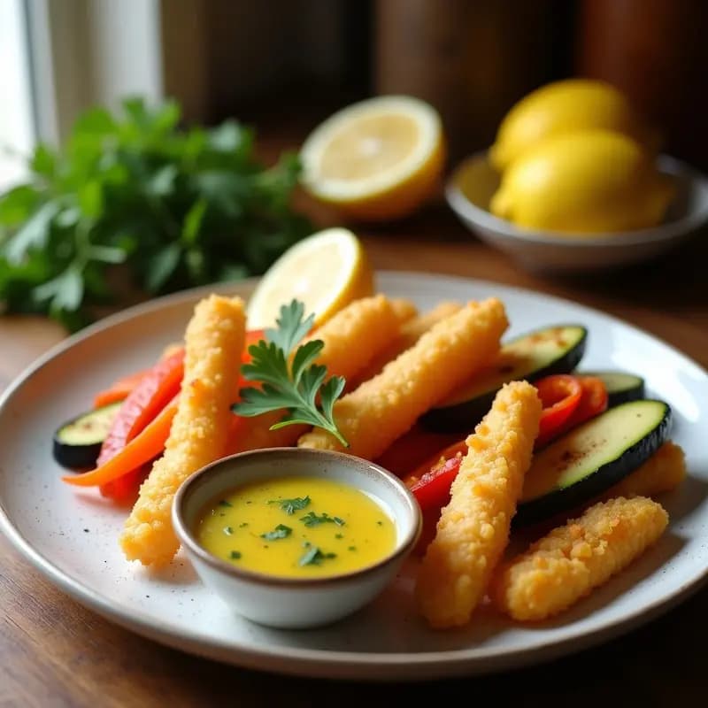 Plato blanco con Peixinhos da Horta, tempura portuguesa de verduras crujientes (calabacín, berenjena, pimiento y zanahoria) bañadas en una salsa de limón y ajo, decoradas con perejil fresco y rodajas de limón.