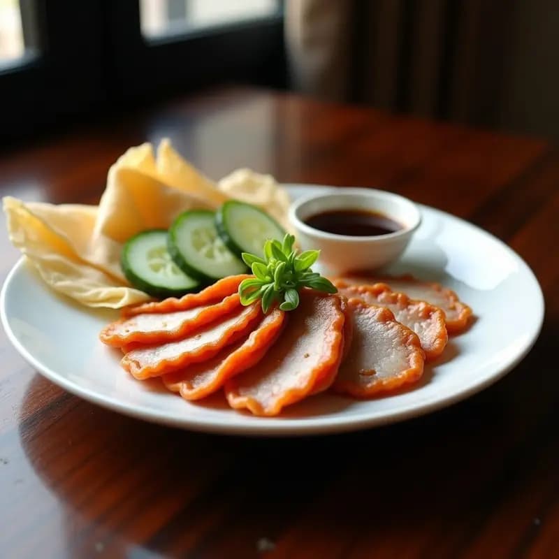 Plato elegante con Peking Duck en tiras crujientes sobre crepes de harina de trigo, acompañados de cebolla verde, pepino y salsa hoisin. Receta china de lujo con presentación impecable.